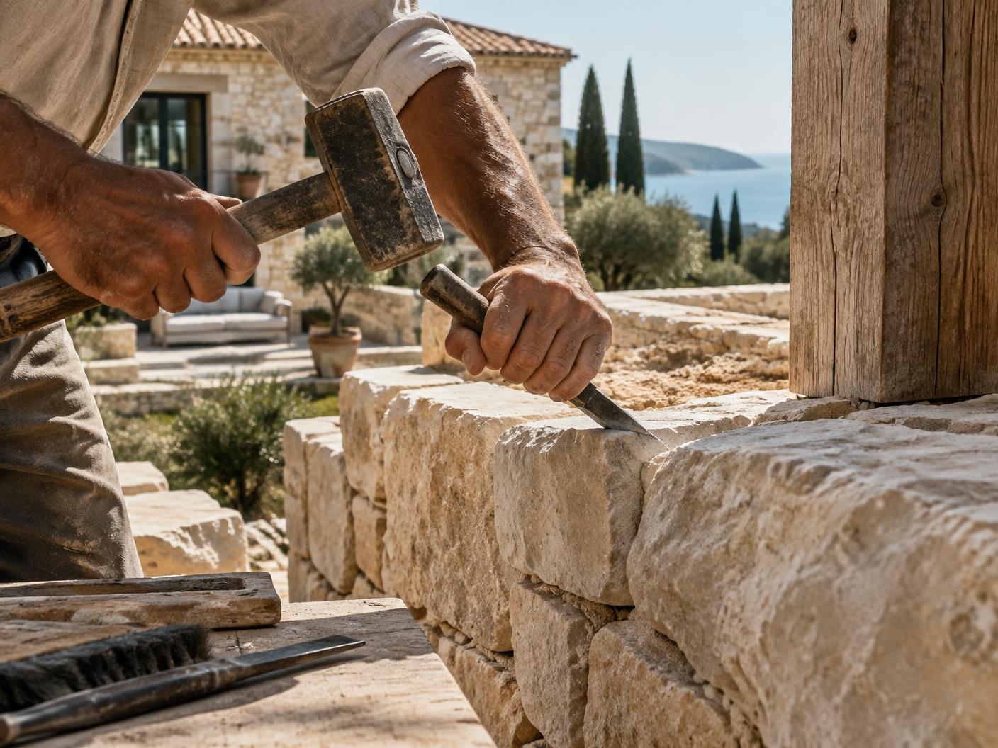 Artisan taillant la pierre sur un chantier Casa Baya